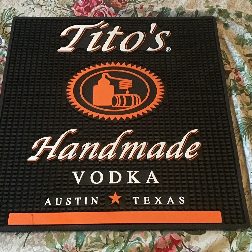 Tito's Hand Made Vodka Rubber Spill Rail Cocktail Bar Bartender Mat - 16” x 16”